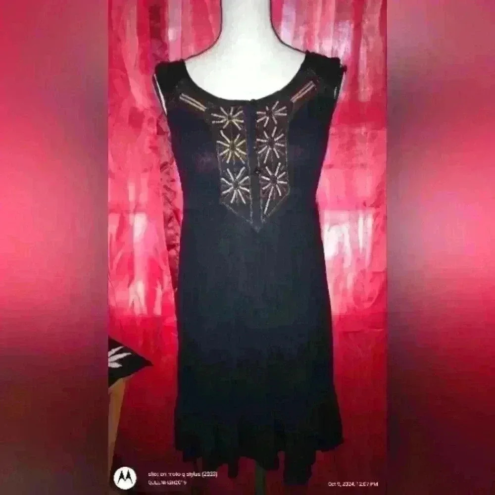 Forbidden Dress Size Medium Black Beaded Flutter Peasant Boho Hippie Tiered